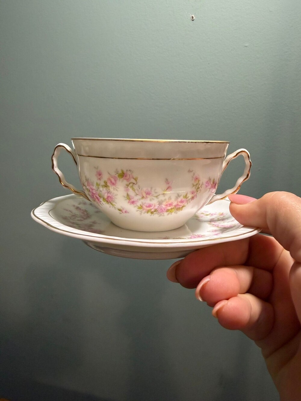 149 antique Bavarian porcelain double-handled bouillon cup and saucer by Zeh, Sc
